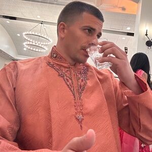 Embellished Coral Men's Kurta - Traditional Festive Wear